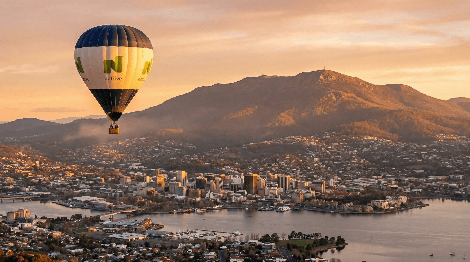 Natiive hot air balloon over Hobart
