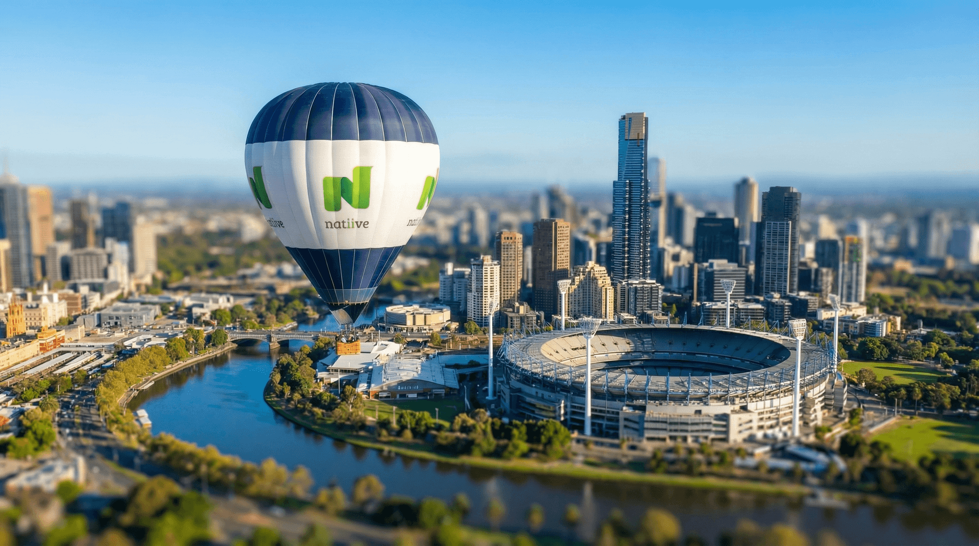 Tilt shift Natiive balloon over Melbourne